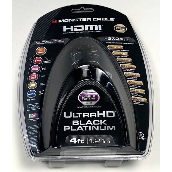 MONSTER CABLE 4' 1.21m UltraHD Black Platinum HDMI Cable 27.0 Gbps 140703-00 NIP - Picture 1 of 3